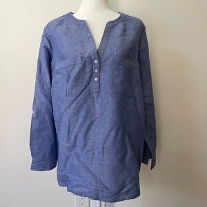 Talbots Linen Blend Blue Long sleeve Popover V-neck Top Blouse Size XXL